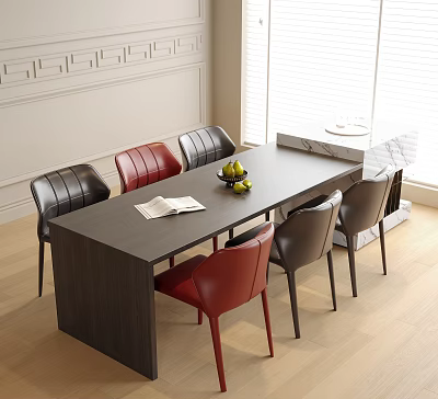 Modern Dark Wood Dining Table With Black And Red Chairs Fruit Bowl And Open Book 3d model