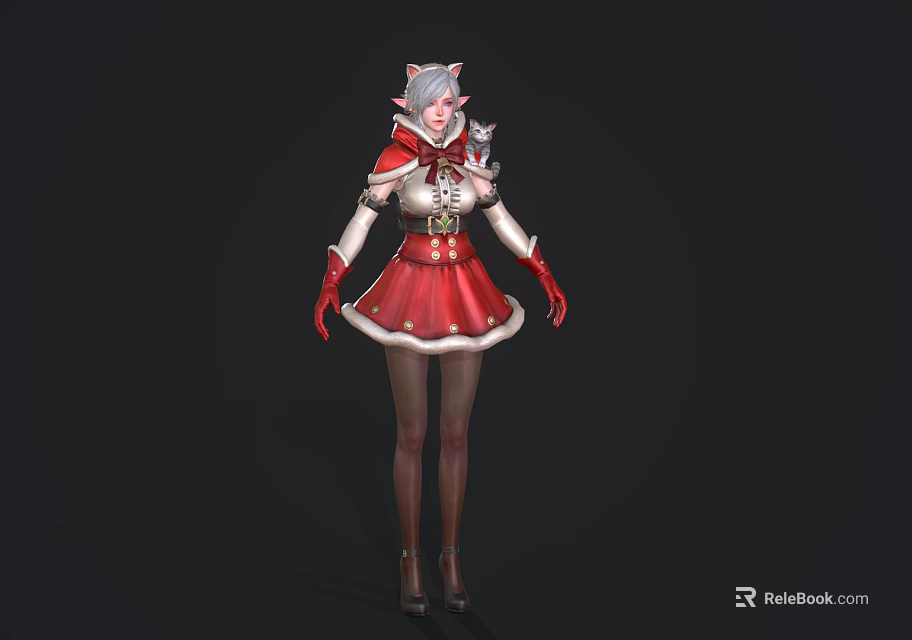 Woman With White Hair Wearing Red Christmas Costume Cat Ears Red Skirt And White Gloves 3d model 