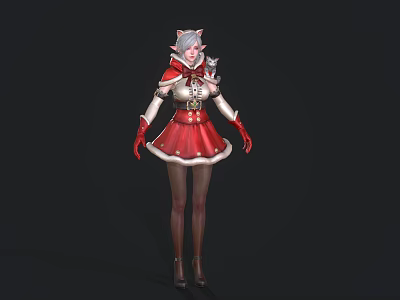Woman With White Hair Wearing Red Christmas Costume Cat Ears Red Skirt And White Gloves 3d model