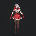 Woman With White Hair Wearing Red Christmas Costume Cat Ears Red Skirt And White Gloves