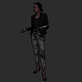 Woman In Black Blazer Black Top Gray Plaid Pants Holding Tablet With Dark Background