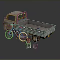 Old Rusty Truck With Bicycle Small Stool And Shovel In Studio Setting 3d model