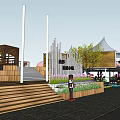 Vibrant Commercial Street Design With White Canopies Pink Cherry Blossom Trees And Wooden Stalls