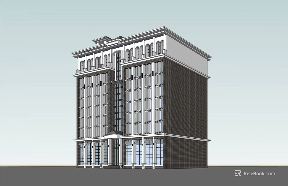 Modern Multi Story Office Building With Glass Facade And Ornate Top Design 3d model 