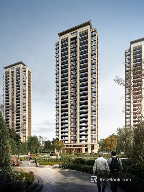 Modern High Rise Residential Buildings Surrounded by Green Trees and Urban Environment 3d model 