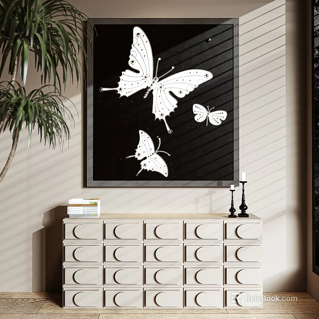 Abstract Painting with Black and White Butterflies Striped Background White Cabinet and Potted Plant 3d model 