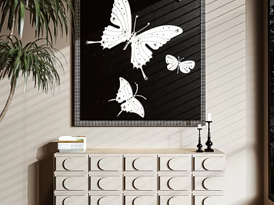 Abstract Painting with Black and White Butterflies Striped Background White Cabinet and Potted Plant 3d model