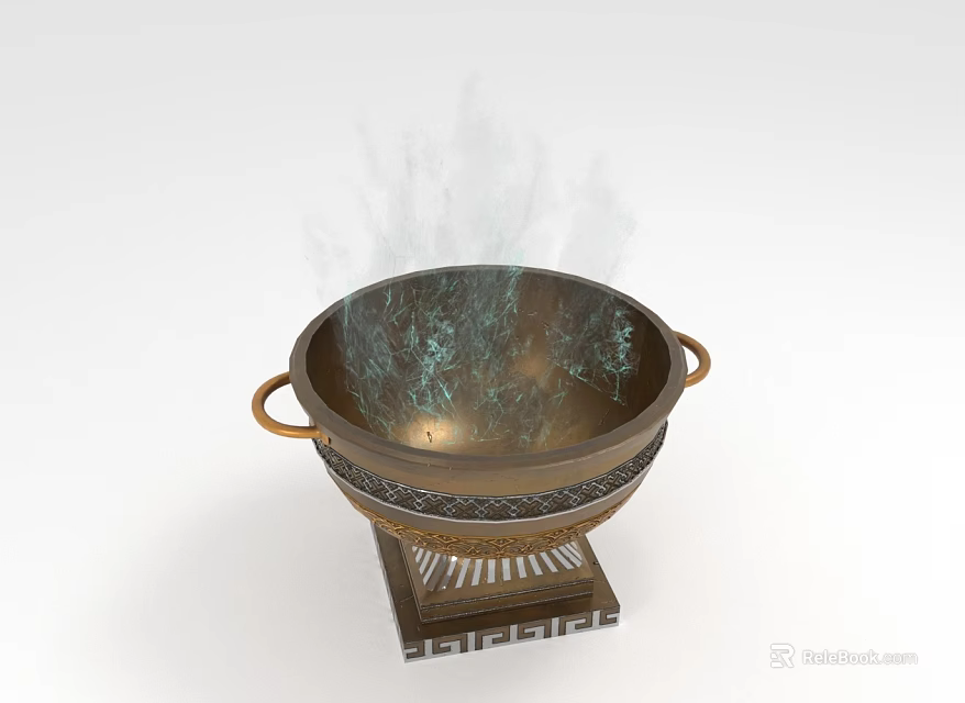 Ancient Bronze Tripod Cauldron with Ring Handles and Decorative Base Emitting Smoke 3d model 