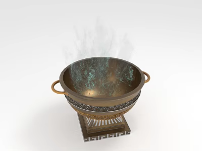 Ancient Bronze Tripod Cauldron with Ring Handles and Decorative Base Emitting Smoke 3d model