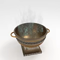 Ancient Bronze Tripod Cauldron with Ring Handles and Decorative Base Emitting Smoke 3d model
