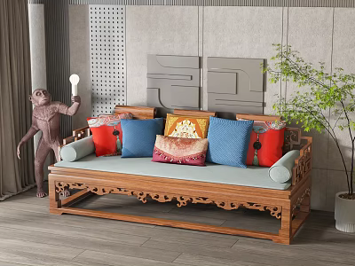 Chinese Style Wooden Multi Seater Sofa With Colorful Cushions Monkey Sculpture And Green Plant 3d model