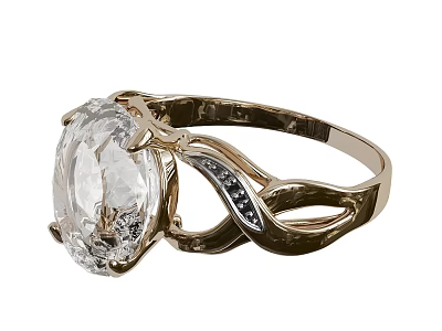 Gold Ring With Large Oval Diamond And Twisted Band Adorned With Dark Gemstones 3d model