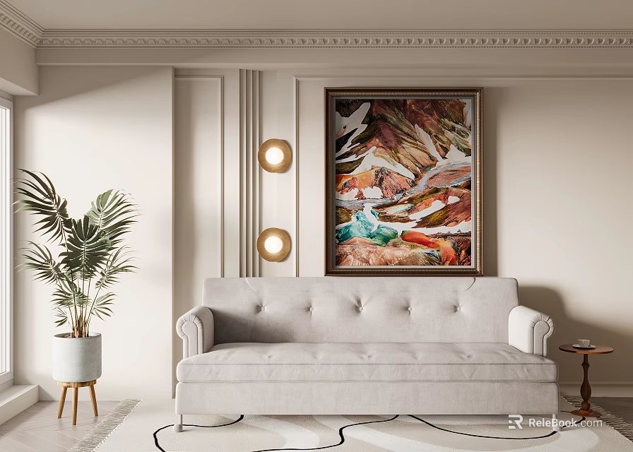 Modern Living Room Featuring Light Gray Sofa Abstract Painting Wall Lamps And Potted Plant 3d model 