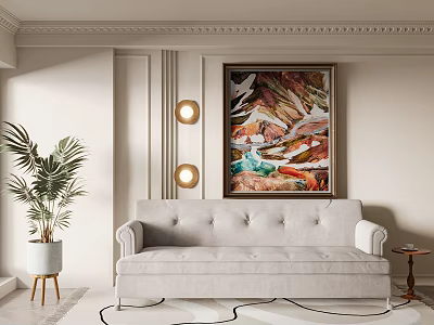 Modern Living Room Featuring Light Gray Sofa Abstract Painting Wall Lamps And Potted Plant 3d model