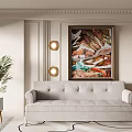 Modern Living Room Featuring Light Gray Sofa Abstract Painting Wall Lamps And Potted Plant