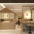 Modern Wooden Restaurant Interior Featuring Order Counter Seating Red Decorations And Gray Floor
