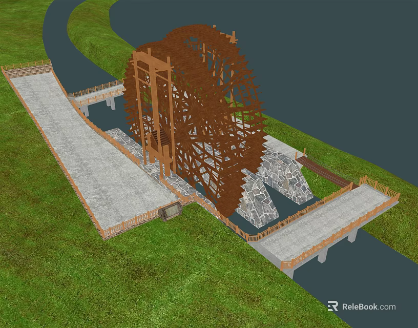 Garden Ornament Wooden Waterwheel Design With Stone Path Bridge Water Area And Grass 3d model 