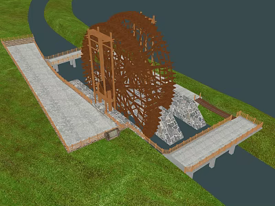 Garden Ornament Wooden Waterwheel Design With Stone Path Bridge Water Area And Grass 3d model
