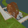 Garden Ornament Wooden Waterwheel Design With Stone Path Bridge Water Area And Grass