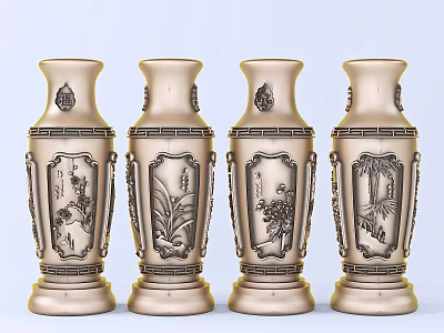Four Elegant Traditional Carved Ceramic Vases With Floral Patterns For Home Decor 3d model