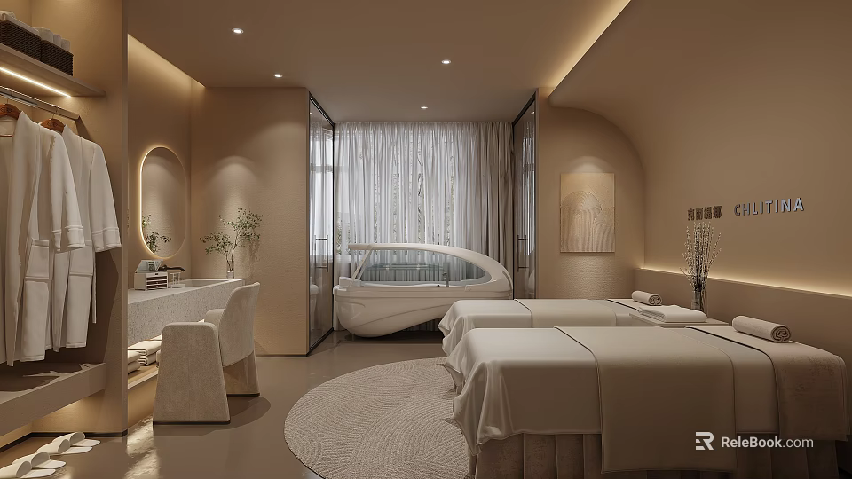 Elegant Modern Beauty Hair Salon Interior With Treatment Beds Soft Lighting And Round Rug 3d model 