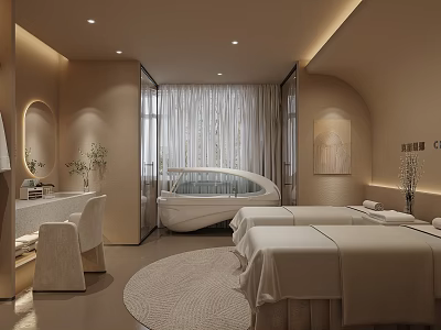 Elegant Modern Beauty Hair Salon Interior With Treatment Beds Soft Lighting And Round Rug 3d model