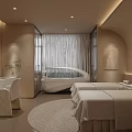 Elegant Modern Beauty Hair Salon Interior With Treatment Beds Soft Lighting And Round Rug