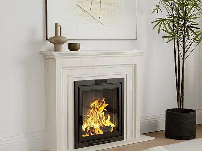 Modern White Fireplace Mantel With Flames Decor And Potted Plant 3d model