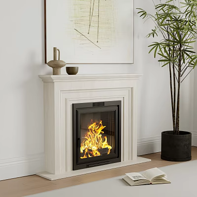 Modern White Fireplace Mantel With Flames Decor And Potted Plant 3d model