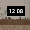 Brown Wooden TV Stand With Decorative Items And Floor Lamp Near Vertical Slat Panel