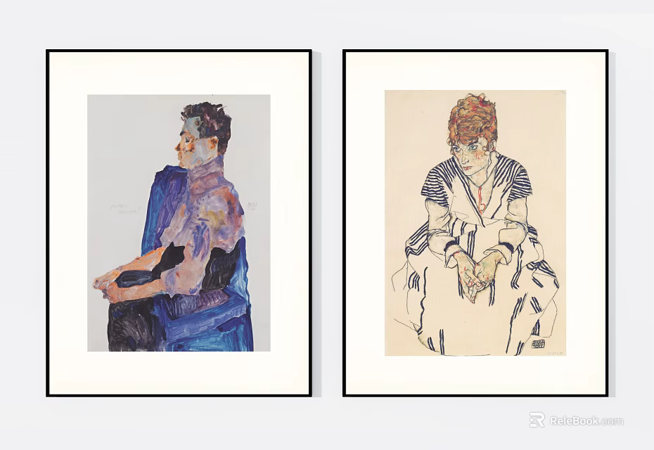 Two Framed Portrait Paintings Featuring Seated Figures With Expressive Line Art And Colorful Attire 3d model 