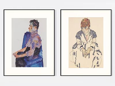 Two Framed Portrait Paintings Featuring Seated Figures With Expressive Line Art And Colorful Attire 3d model