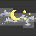 Night Sky Scene With Yellow Crescent Moon White Clouds And Stars