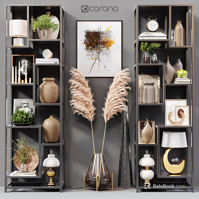 Elegant Modern Decorative Cabinet With Shelves Vases Green Plants Artworks And Lamps 3d model 