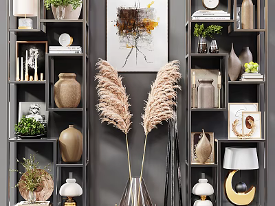 Elegant Modern Decorative Cabinet With Shelves Vases Green Plants Artworks And Lamps 3d model