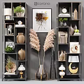 Elegant Modern Decorative Cabinet With Shelves Vases Green Plants Artworks And Lamps