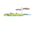 Outdoor Garden Landscape With Children's Sandpit Colorful Umbrellas And Play Toys
