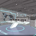 Tech Inspired Exhibition Hall With World Map Display Screens Printers And Welcome Sign