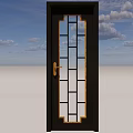 Modern Dark Wooden Front Door With Rectangular Glass Panel And Golden Handle