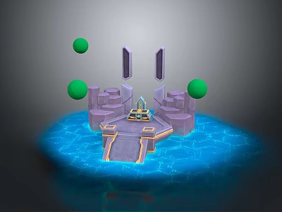 Scenic 3D Landscape With Blue Rippling Water Purple Pillars And Green Floating Spheres 3d model