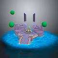 Scenic 3D Landscape With Blue Rippling Water Purple Pillars And Green Floating Spheres