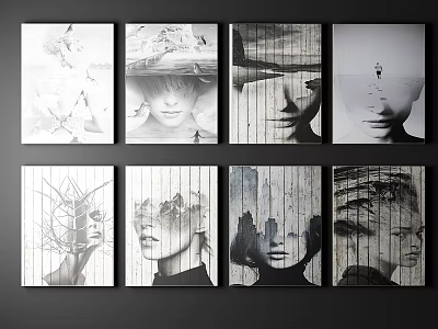 Contemporary Black and White Portrait Paintings With Wooden Slats And Abstract Faces 3d model