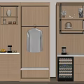Modern Wooden Wardrobe Design With Open Shelves Hanging Area Wine Cooler And Decorative Items