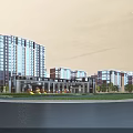 Modern High Rise Residential Building Complex With Green Landscape Trees And People Walking