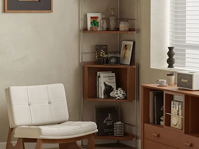 Stylish Storage Shelf in Living Room with White Chair Books Photo Frames Decorative Items 3d model