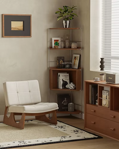 Stylish Storage Shelf in Living Room with White Chair Books Photo Frames Decorative Items 3d model