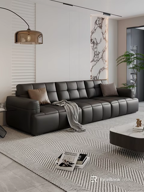 Black Leather Sofa And Coffee Table Set In Modern Living Room With Pillows Throw Blanket 3d model 