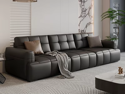 Black Leather Sofa And Coffee Table Set In Modern Living Room With Pillows Throw Blanket 3d model