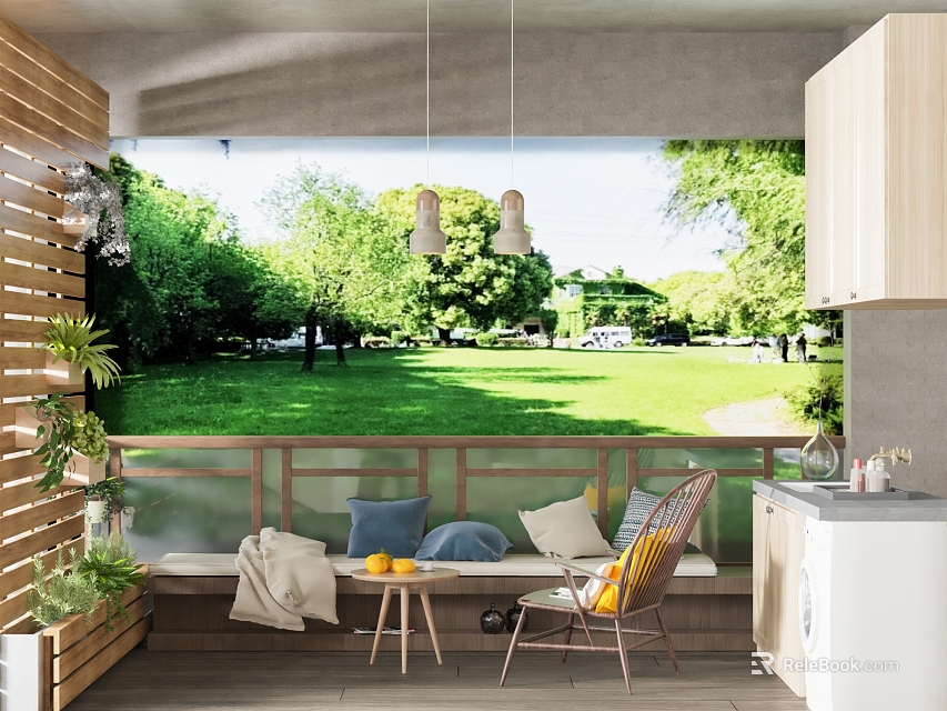 Modern Home Balcony Design With Green Lawn View Wooden Bench Small Table Pillows And Plants 3d model 
