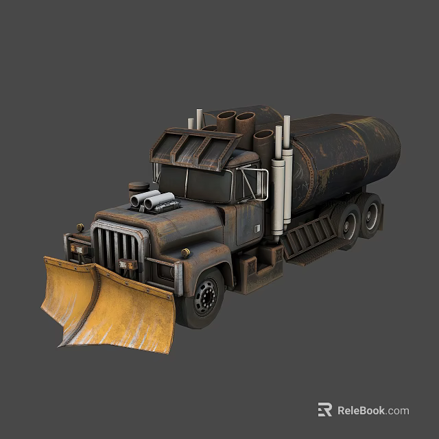 Rusty Old Tanker Truck With Front Snow Plow Blade And Wheels 3d model 